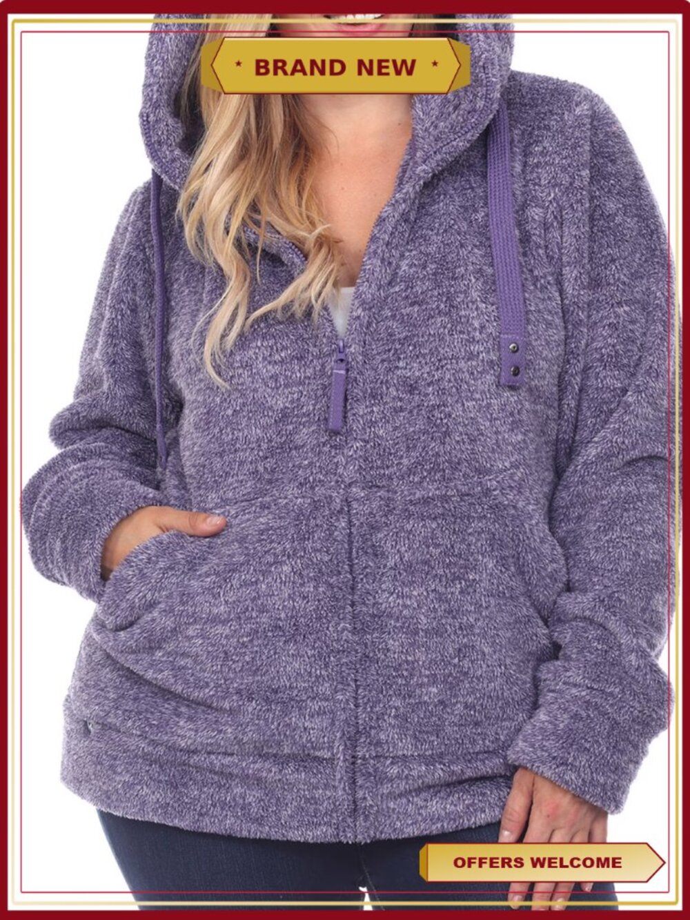 Plus Size Hooded Sherpa Jacket Zip Front Pockets Cozy Winter Wear
